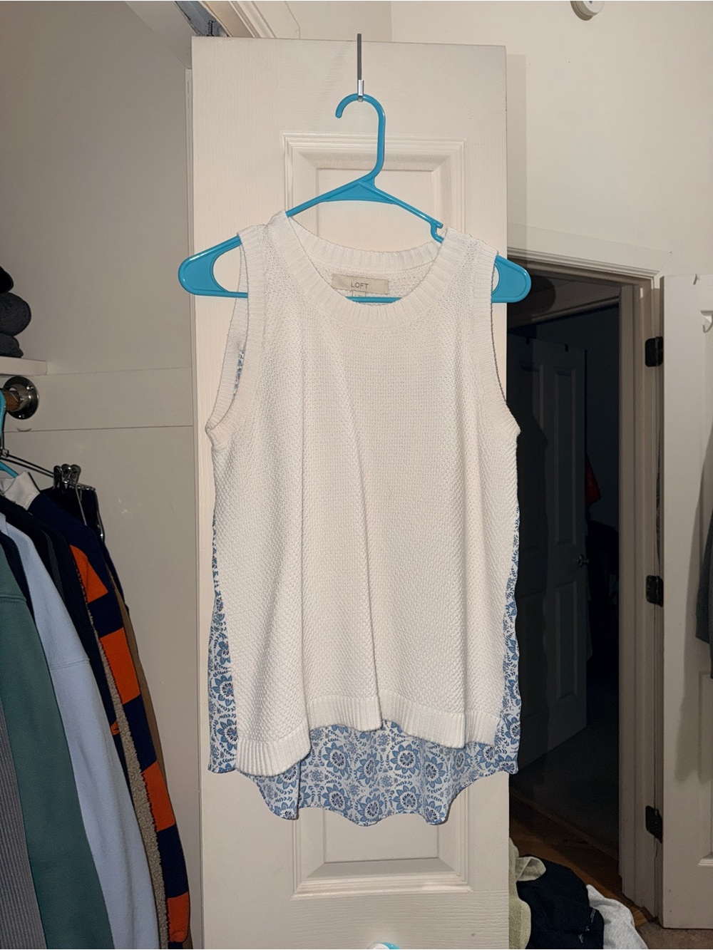 LOFT White Knit Sleeveless Top with Blue Floral Underlay